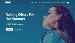 Website banner featuring a woman looking up with dark hair, advertising summer discounts: "Raining Offers For Hot Summer! 25% Off On All Products." Buttons labeled "Shop Now" and "Find More" also displayed.