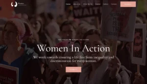 A website header with blurred people holding signs. "Women In Action. We work towards ensuring a life free from inequality and discrimination for every woman." A call to donate is featured prominently.