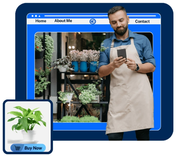 A website displays a man in an apron using his phone, showcasing a plant for sale. The bottom left corner has a "Buy Now" button, likely directing users to purchase the product.