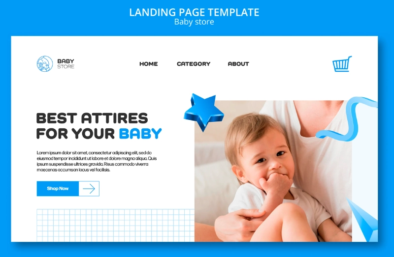 Baby store landing page template with a cute baby and mother on the right. Best attires for your baby, shop now. Baby store, home, category, about.